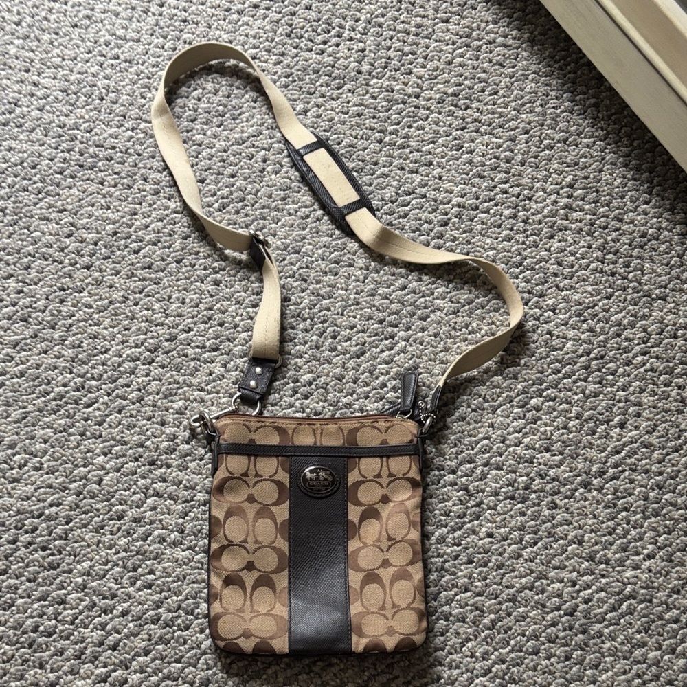 Coach Tan and Black Signature Crossbody Bag